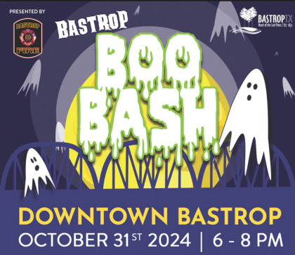 Graphic with purple background and white ghost advertising Bastrop Boo Bash in downtown Bastrop, October 31st, 2024 6-8 p.m.